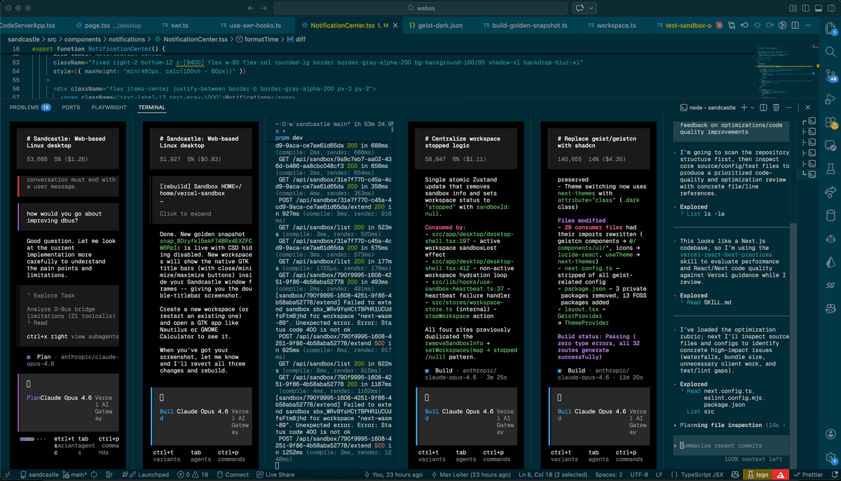 A screenshot of VS Code with 6 terminals open: one for the dev server, one for Codex, four for OpenCode